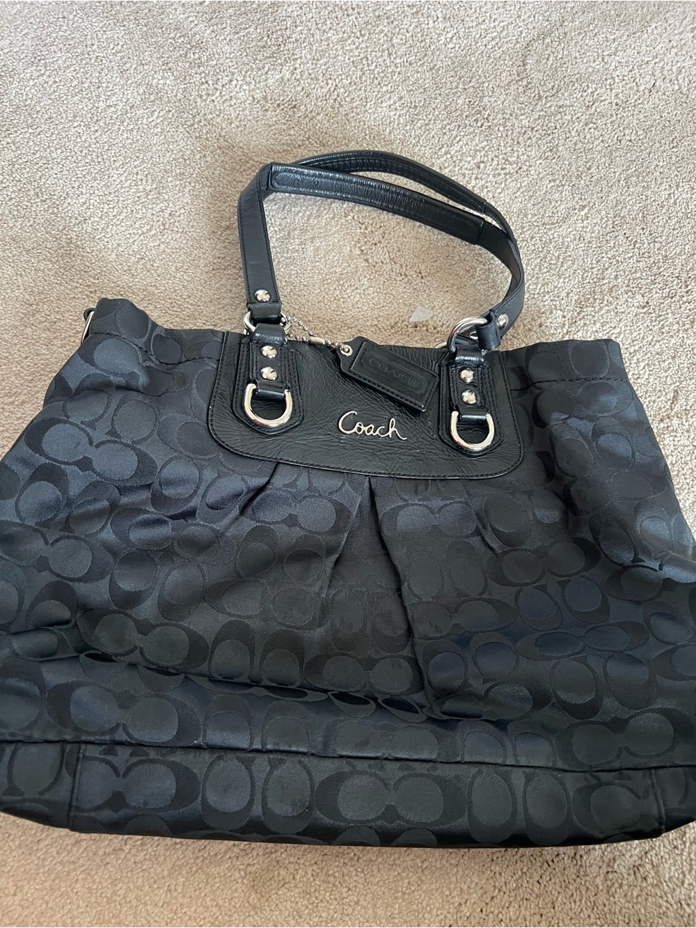 Coach Black Signature Jacquard Tote with Leather Trim